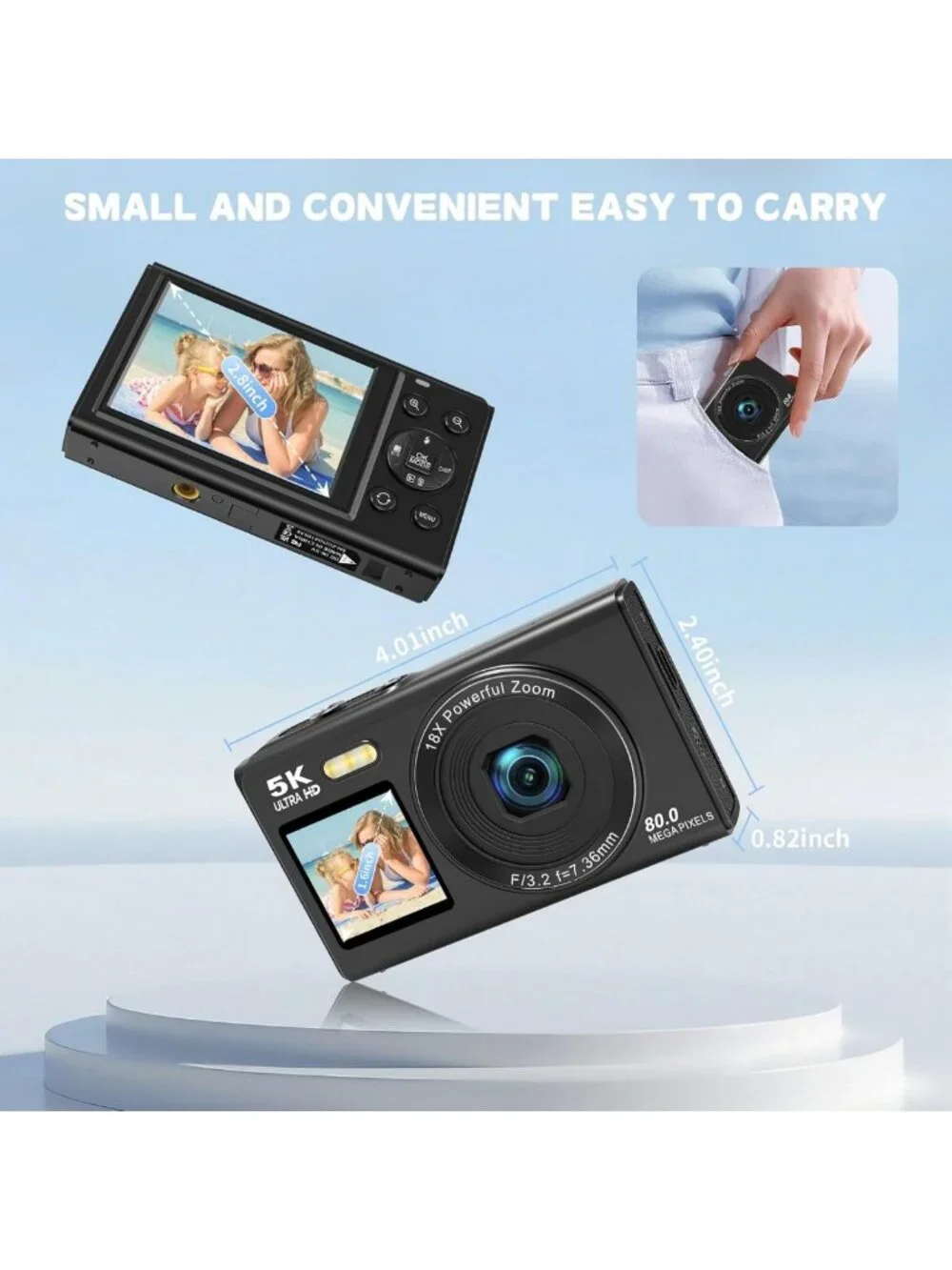 High-Resolution 5K Digital Camera for Vlogging & Photography, 80MP, Dual Screen